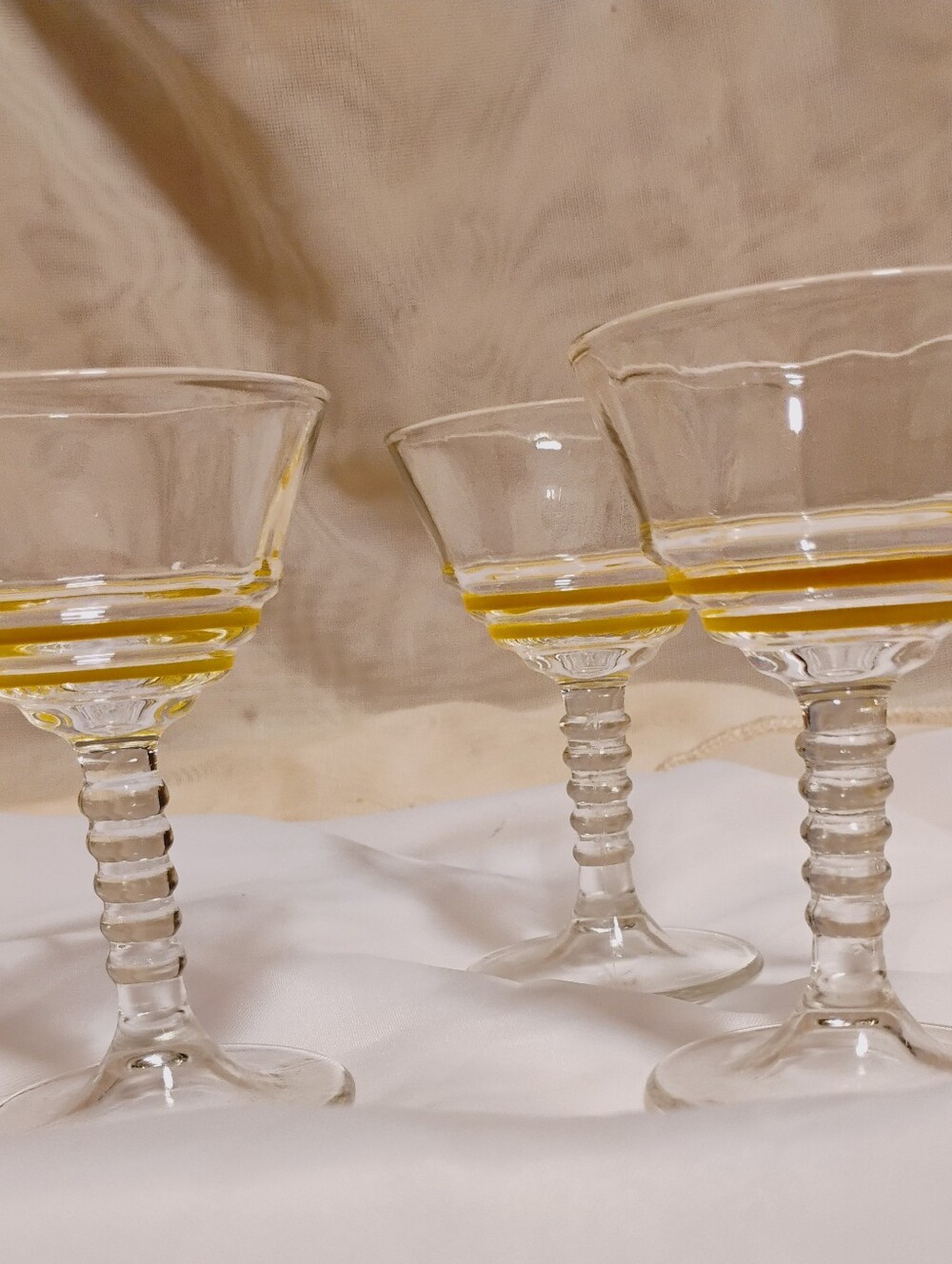Set of 3 Harvest Yellow Detailed/Ringed Stem/Retro Bar Cart/Vintage